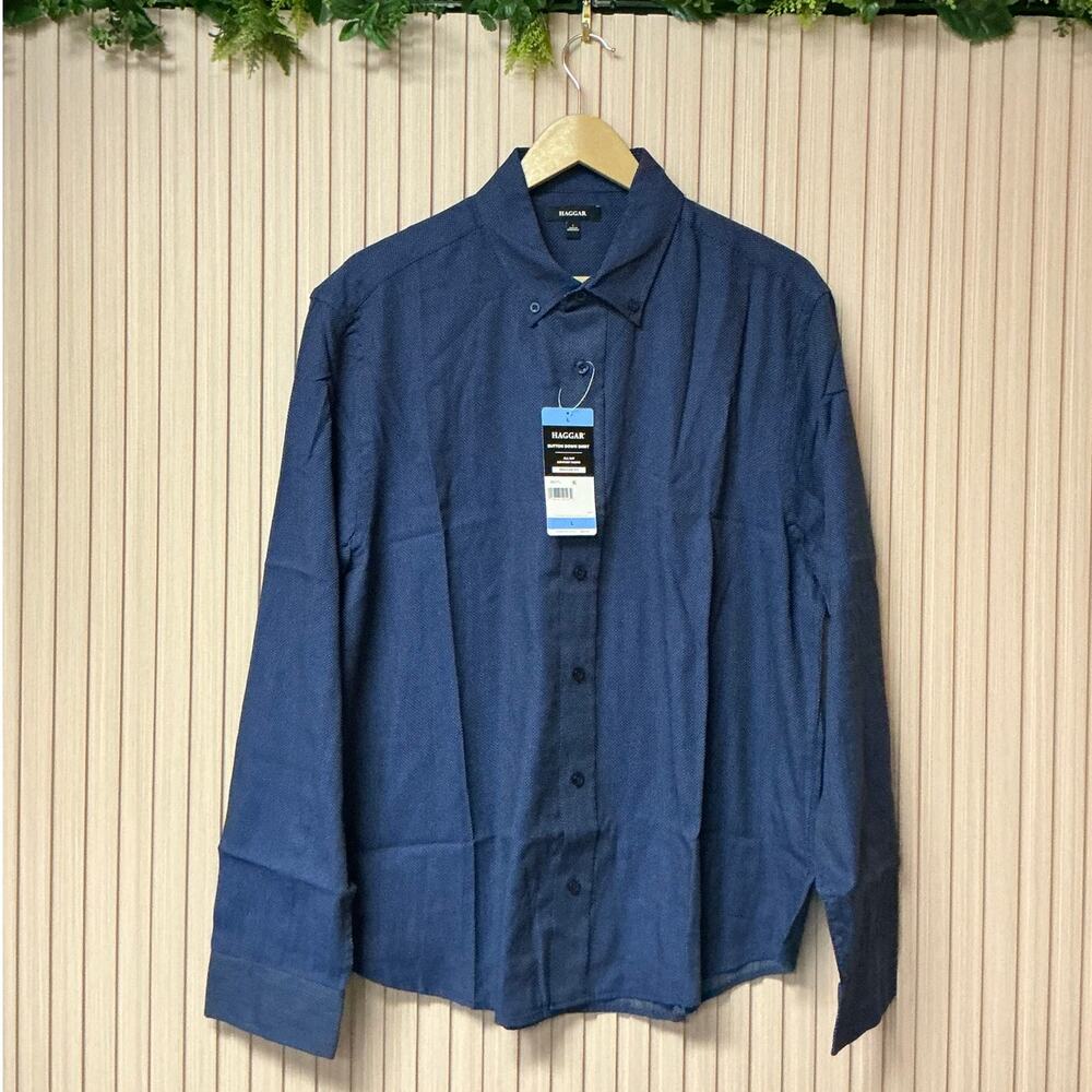Haggar Long Sleeve Button-Down Shirt Dark Blue Men’s Size L (HW00695)